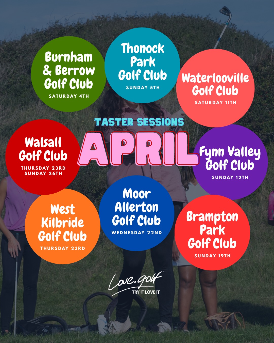 Jump on board one of our women's love.golf tasters this April 😀
Choose from Somerset, Gainsborough, Hampshire, Ipswich, Cambs, Leeds, West Kilbride & Walsall. ⛳️
👉️ Register: https://love.golf/events/
Follow for new dates.
#WomensGolf #lovegolf #Golf #TryGolf #GirlsWhoGolf #GolfBeginners #NewHobby