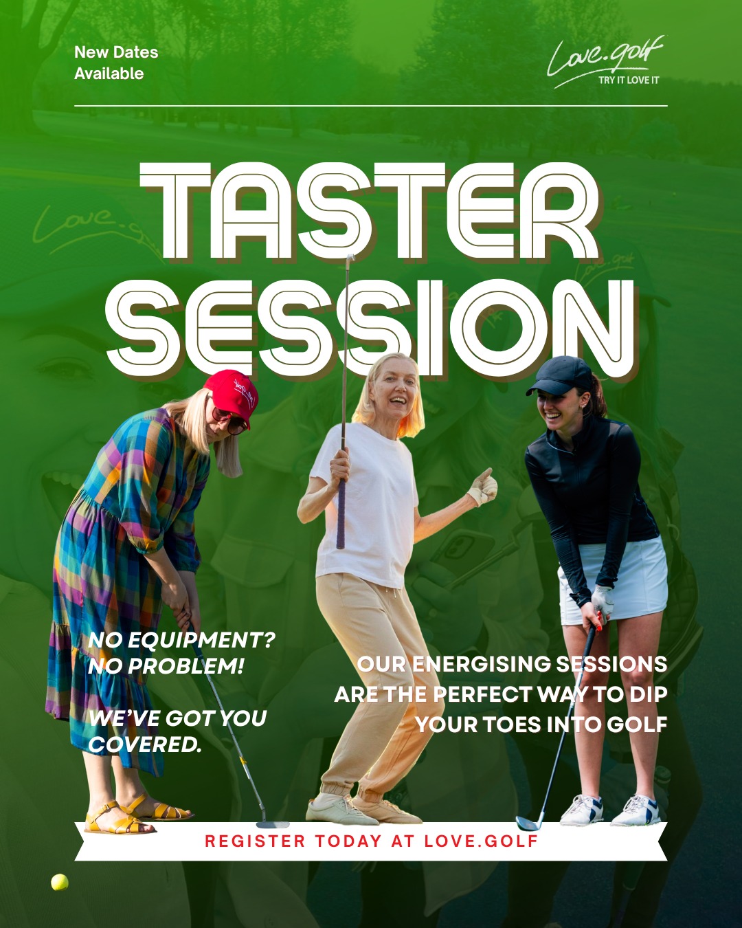 We’ve got a packed schedule of women’s love.golf tasters in April — limited places, so grab your spot now! ⛳️ 

12th) Ipswich https://love.golf/alastair-spink/ 

18th) Gainsborough https://love.golf/abby-thompson/ 

19th) Huntingdon https://love.golf/darren-close/ 

22nd) Leeds https://love.golf/george-carroll/ 

23rd) West Kilbride https://love.golf/linzi-dye/ 

23rd) Walsall https://love.golf/adam-bryant/ 

26th) Walsall https://love.golf/adam-bryant/ 

#lovegolf #WomensGolf #GolfTaster #LearnGolf #GolfBeginners #GolfUK