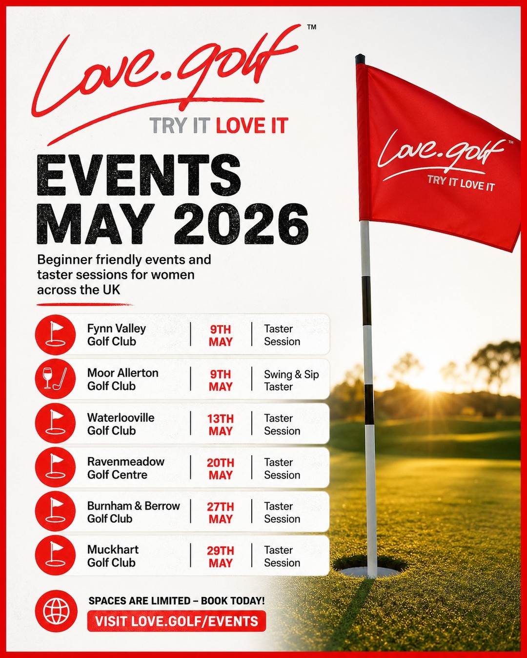 Thinking about trying something new?
Beginner-friendly love.golf taster sessions for women across the UK this May ⛳️
No experience needed — just come along and enjoy it.
👉 Reserve Your Place now via the link in bio
#lovegolf #womensgolf #trygolf #confidence #socialgolf #meetnewpeople