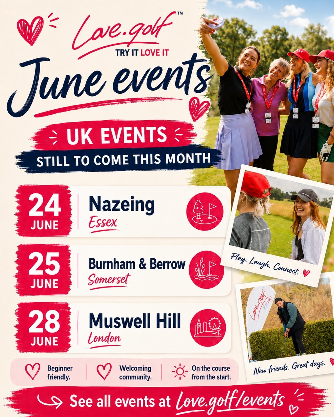 We still have 3 awesome experiences to get you started with love.golf in June 😄 

⛳ Nazeing – 24th June
⛳ Burnham & Berrow – 25th June
⛳ Muswell Hill – 28th June 

Relaxed coaching, fresh air, friendly women and the chance to try something new in a way that feels fun, welcoming and completely different from traditional golf. 

Reserve your place: love.golf/events/ 
#newhobby #golfer #newtogolf #womensgolf #trygolf