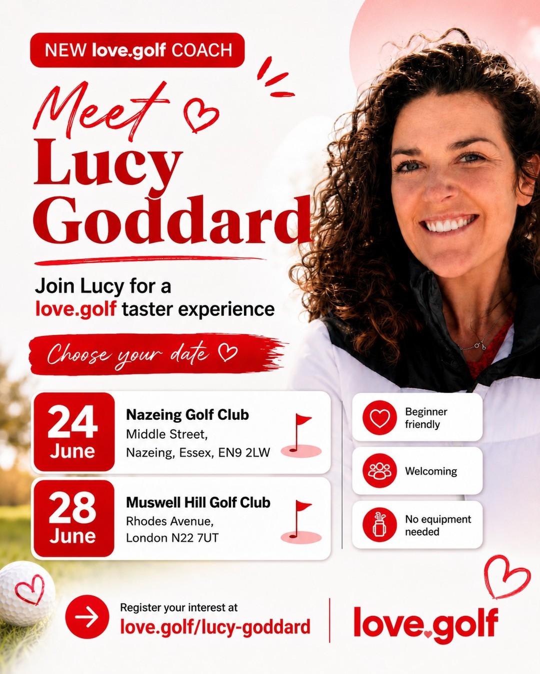 Meet Lucy 👋♥️ 

Our newest love.golf coach is bringing taster experiences to Nazeing Golf Club and Muswell Hill Golf Club this June.

New hobby? New people? A very good excuse to give golf a go. ⛳️

Choose from 24th or 28th June and save your space:
https://love.golf/lucy-goddard/